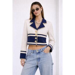 St. John Vintage Santana Knit Military Nautical Cropped Jacket Blazer 2 Blue